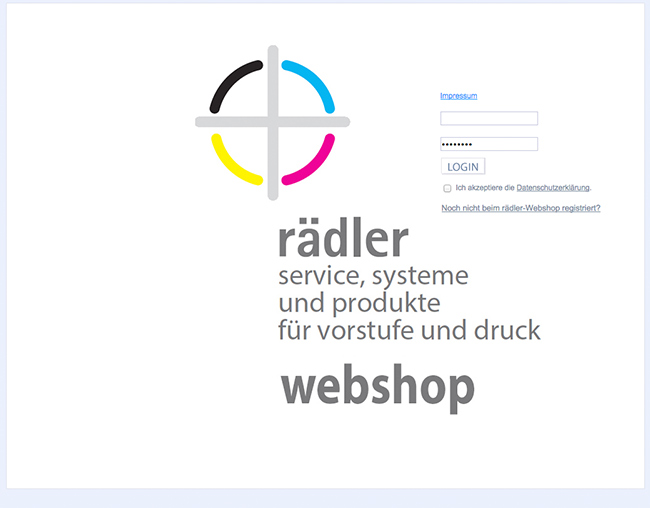 Ansicht der ersten Seite der Website https://shop.raedler-gruppe.de, die Produkte für die Druckindustrie anbietet