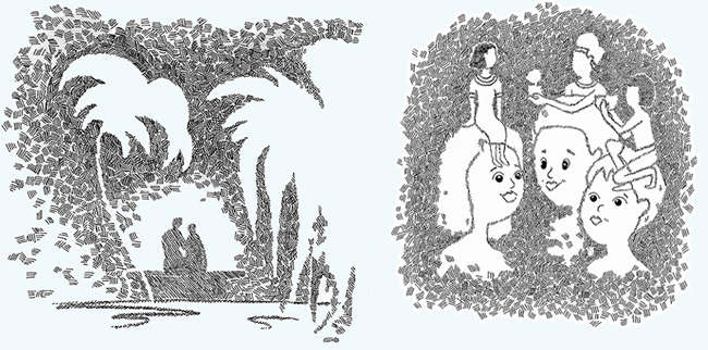 Illustration von Manuela Kunkel, Kupola, Grafik- und Internet Design: Romantisches Zusammensitzen unter Palmen, sowie Kinderphantasie 