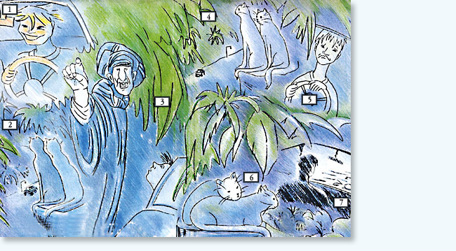 Zeichnung zur Illustration eines Artikels über das Herumgeschicktwerden in verschiedene Richtungen beim Fragen nach dem Weg in Kairo, Ägypten