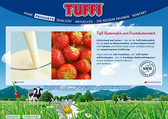 Bild einer Seite für den Milchproduktehersteller Tuffi