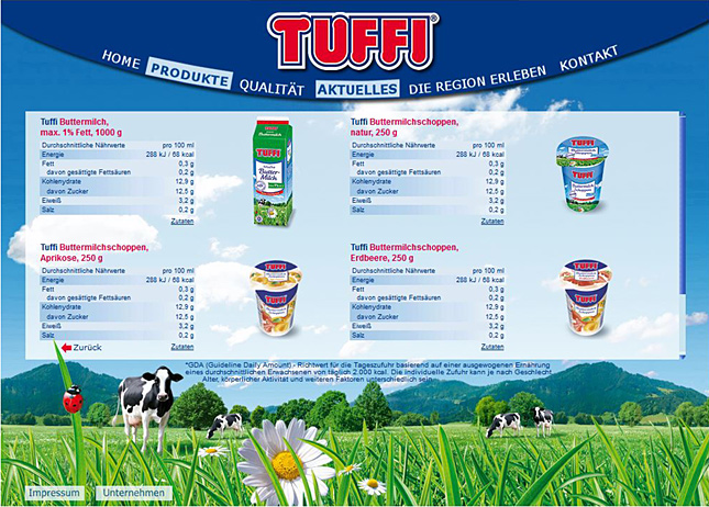 Bild einer Produkte-Seite für den Milchproduktehersteller Tuffi